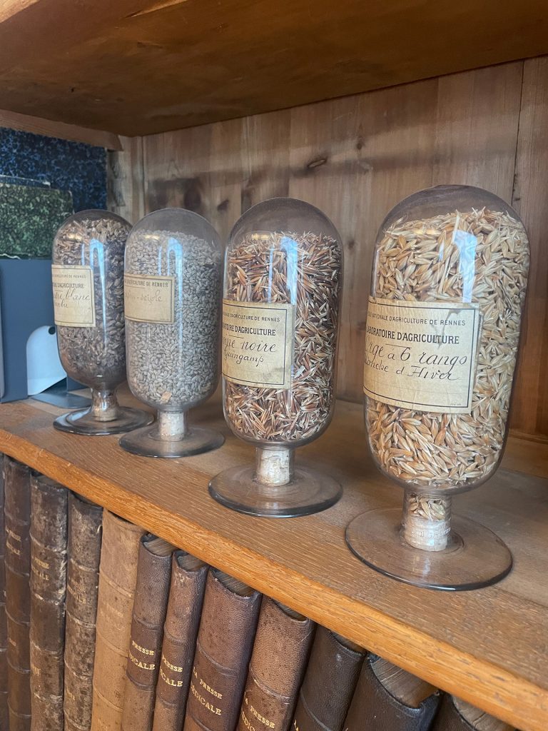 Étagère avec des bocaux de graines et des livres dans la bibliothèque de l'Institut Agro Rennes