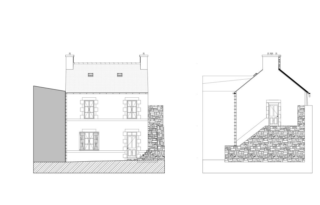 Deux dessins d'une maison avec une fenêtre et une porte, illustrant les relevés architecturaux du dernier bâtiment historique de Maison Blanche.