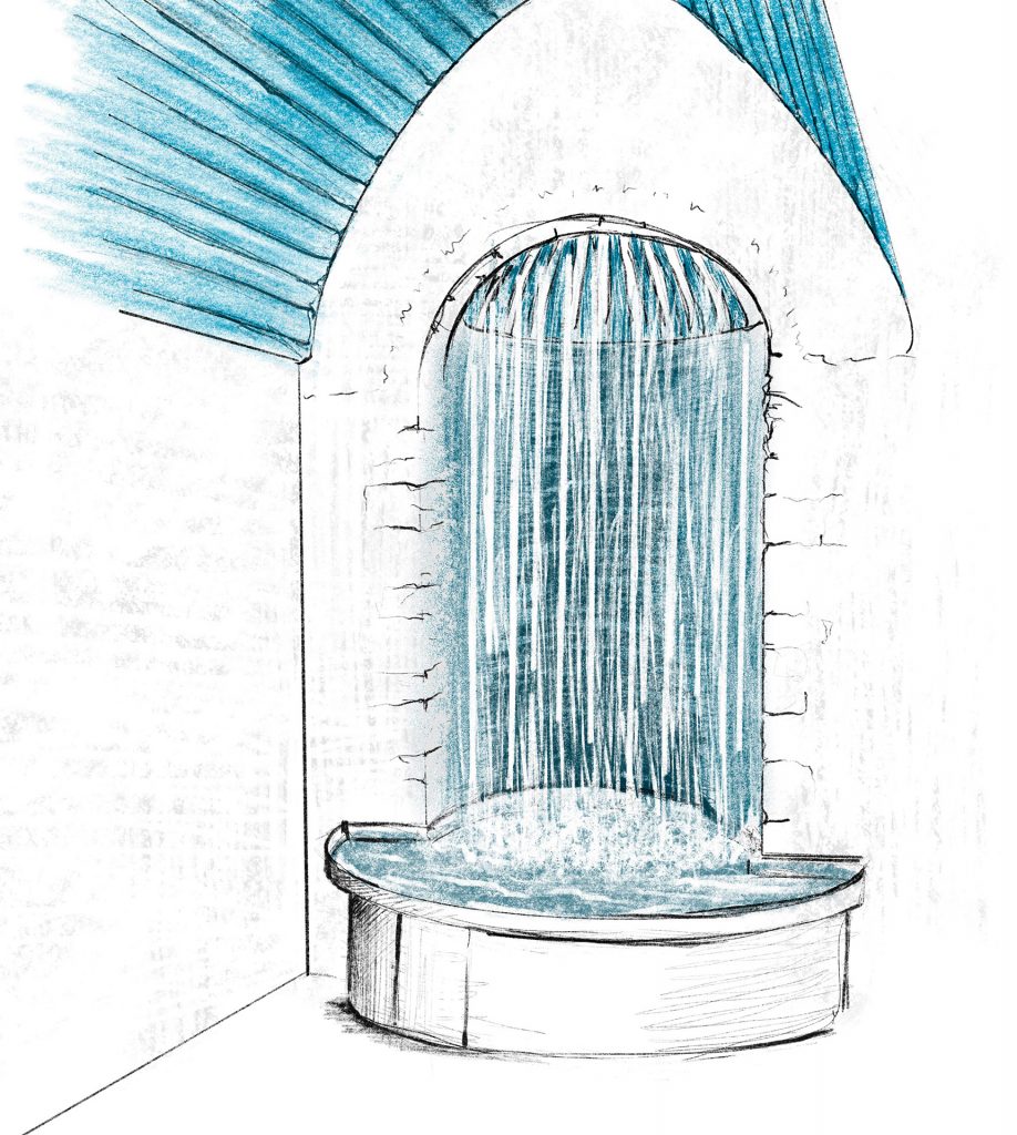 Croquis du projet imaginé par l’artiste : une fontaine à l’intérieur de la chapelle à la place de l’autel.