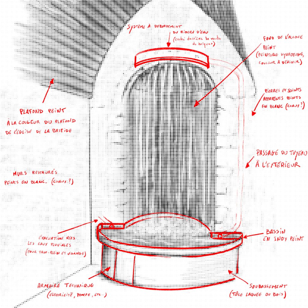 Croquis technique d'une fontaine, illustrant le projet proposé par l'artiste avec des détails techniques et des annotations.