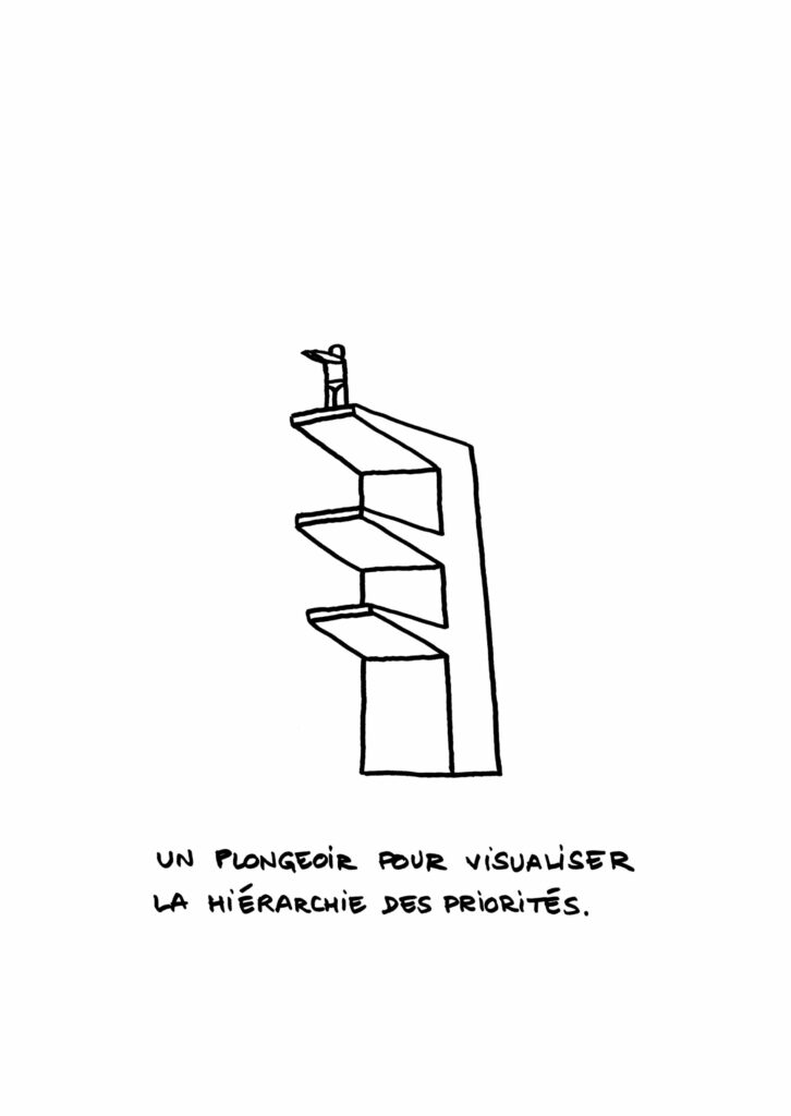 Dessin au feutre noir sur fond blanc représentant un homme sur un plongeoir à trois niveaux. La phrase « Un plongeoir pour visualiser la hiérarchie des priorités » est écrite sous l'illustration.