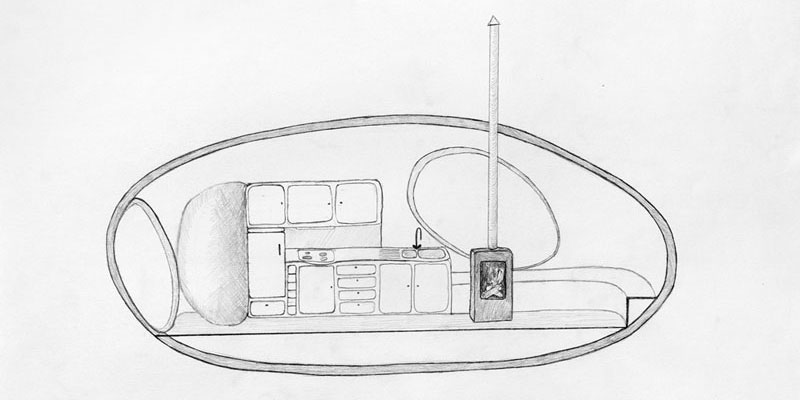 Plan de coupe de la Patate. Le mobilier ainsi que le système de chauffage y sont détaillés.