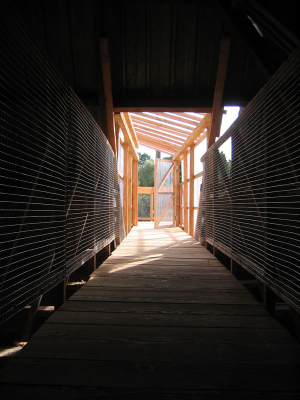 Vue de la passerelle depuis l'intérieur du bâtiment.