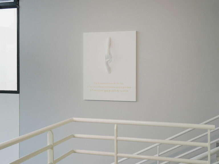 Sur le mur de l'escalier principal dans le hall d'entrée de l'hôpital Saint-Malo, un bas-relief représentant deux mains se tenant orne l'espace avec délicatesse.